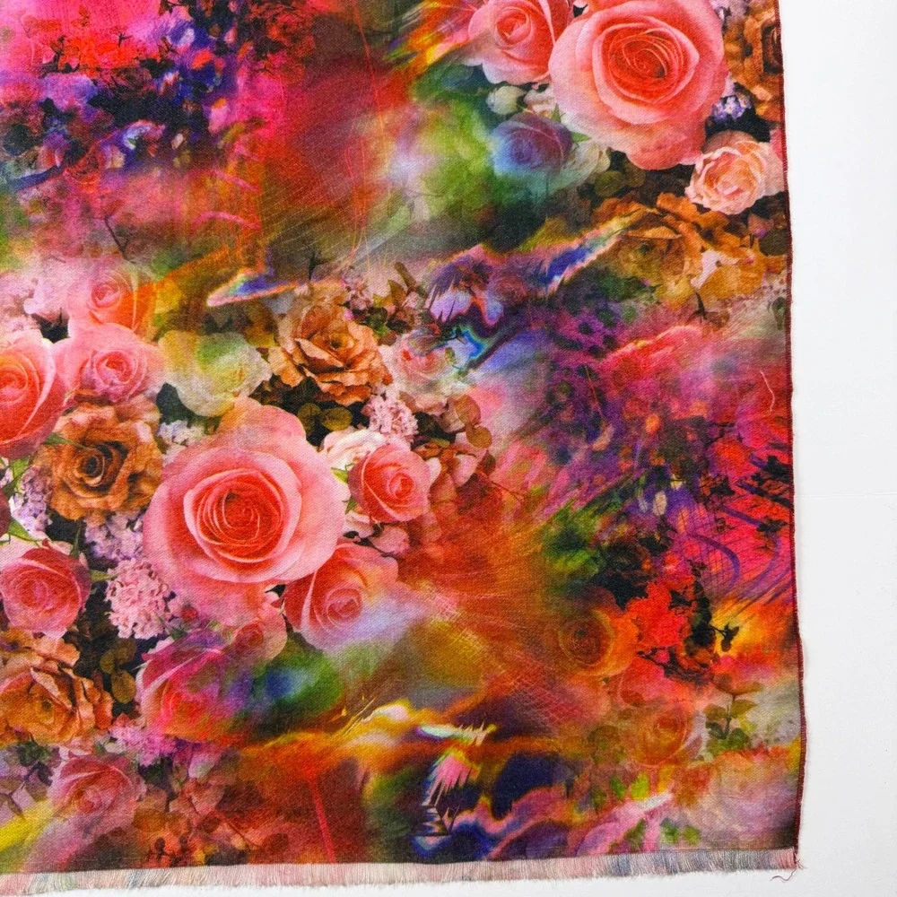 Artsy Psychedelic Floral Women Scarf Wrap Multicolor Silk Wool Acrylic Blend